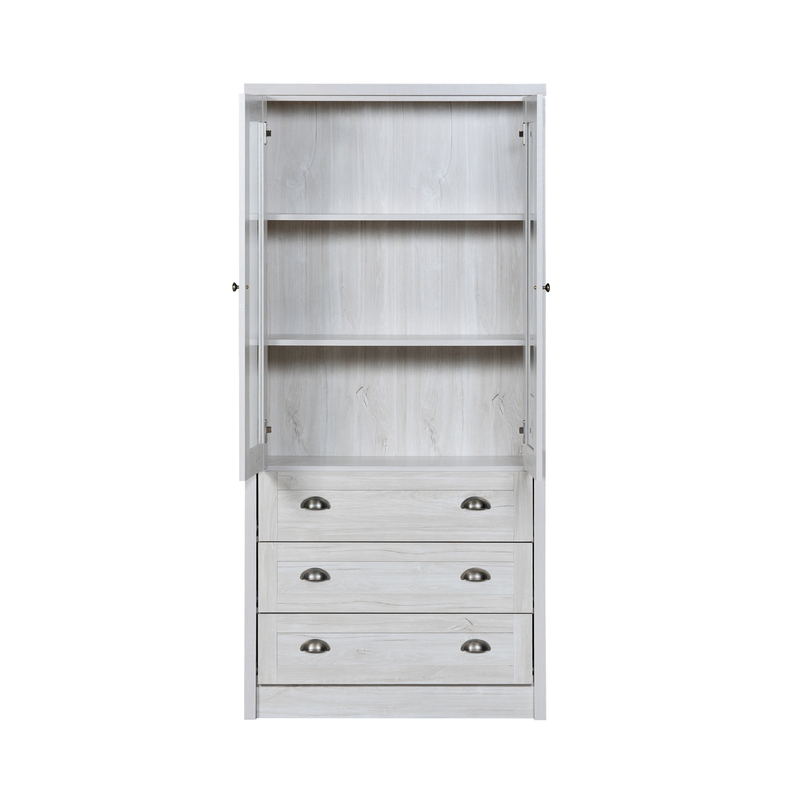 Highboard 80x171cm Holzoptik mit Glastüren, 3 Schubladen, Kupfergriffen_voghion.com