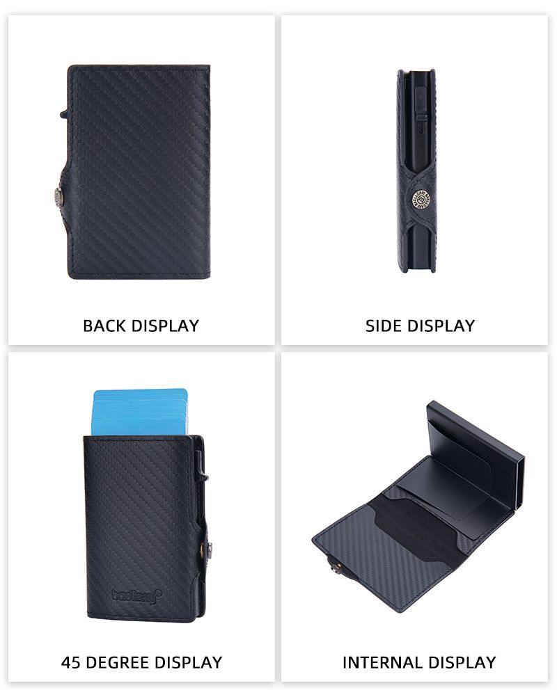 Baellery novo porta-cartões masculino de fibra de carbono RFID minimalista com fivela lateral e porta-cartões de metal com mola_voghion.com