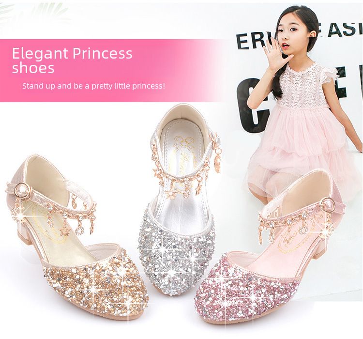 Korean Style Children's Shoes New Girls' High Heels Sequin Spring and Autumn Middle and Large Children's Princess Shoes Student Performance Shoes Toe _voghion.com
