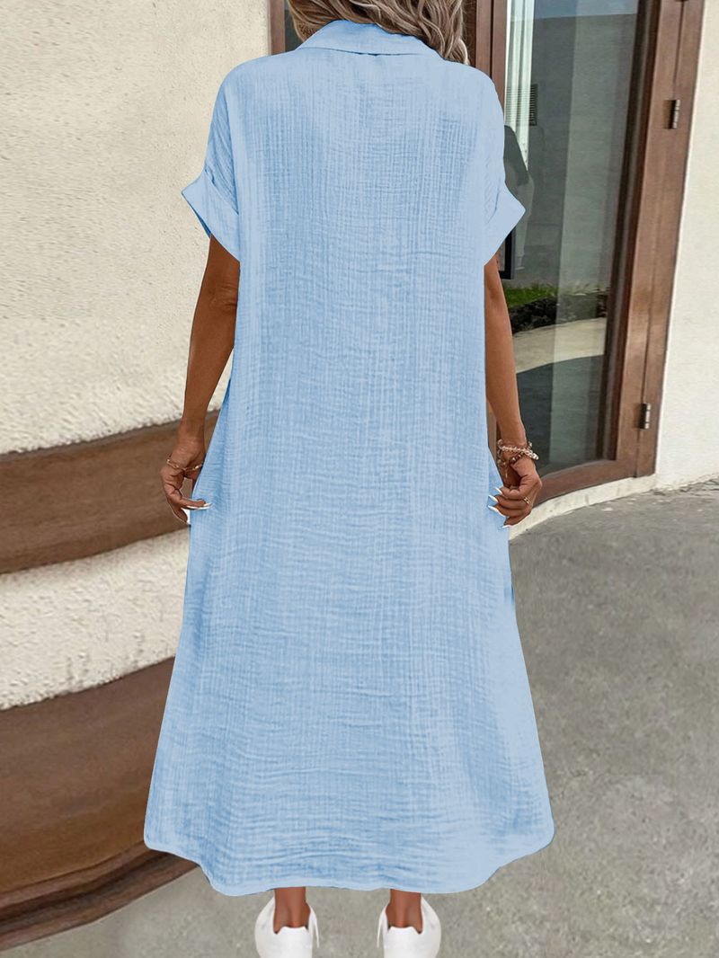 Vestido longo casual feminino sem mangas - Mistura de poliéster macio e elástico, caimento solto e confortável, túnica com botões para primavera/verão_voghion.com