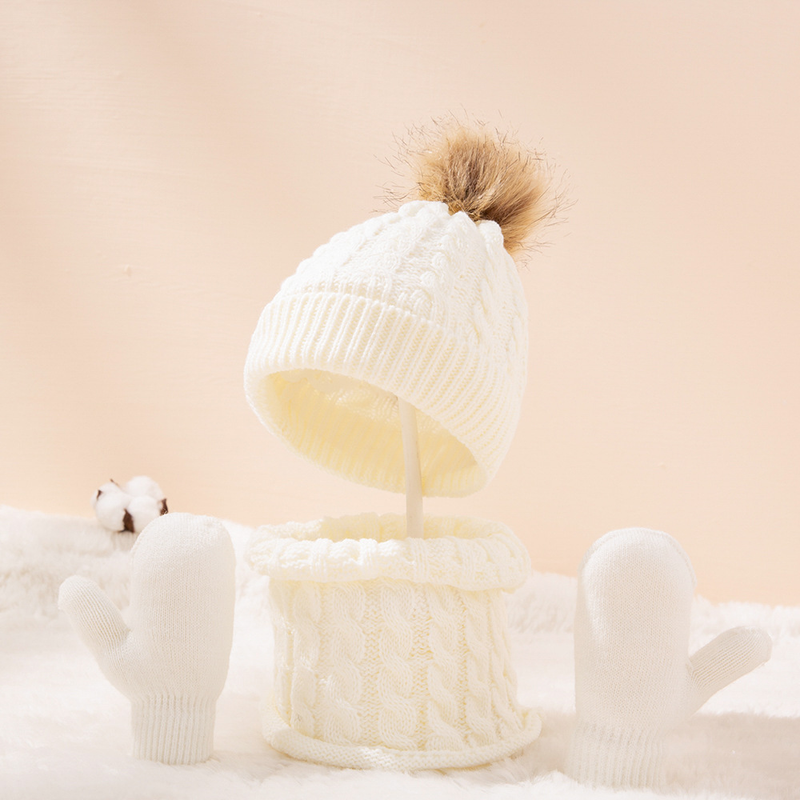 Baby clothing wool monochrome twist warm children's hat scarf gloves two or three sets_voghion.com
