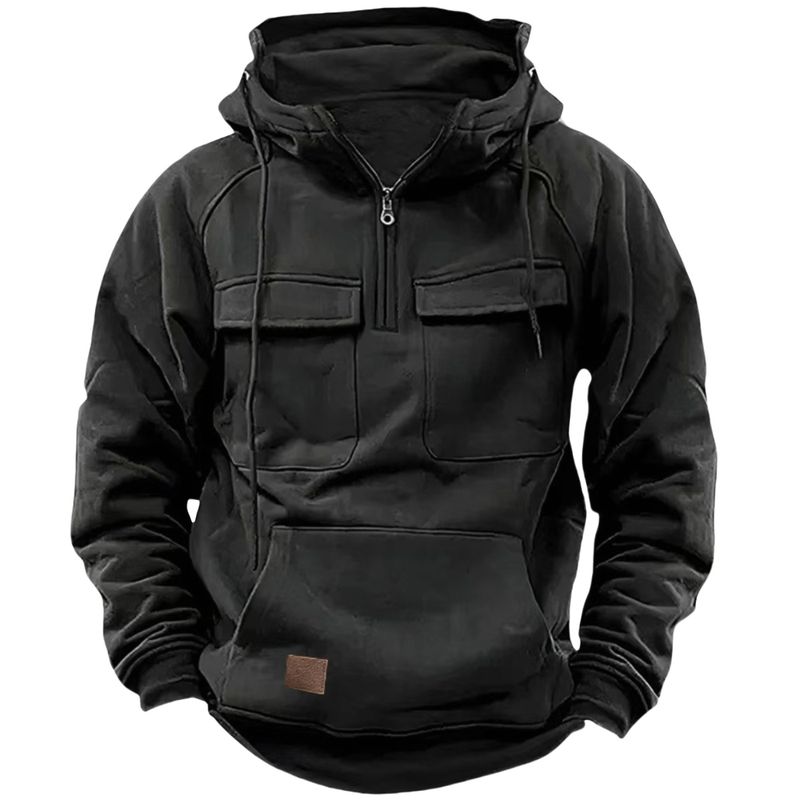 Taktisches Kapuzen-Sweatshirt mit halbem Reißverschluss für Herren, einfarbiges, warmes Fleece-Sweatshirt im Workwear-Stil, Kapuzenjacke mit mehreren Taschen für Herren_voghion.com