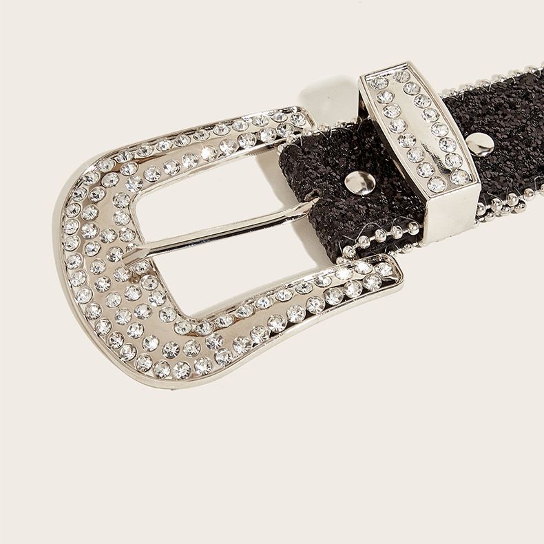 Cintura con strass dal design versatile, stile brillante, personalità alla moda, cintura in jeans con paillettes_voghion.com