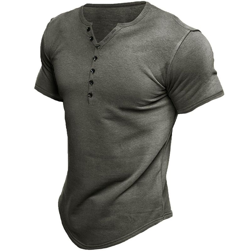 Maglietta estiva da uomo Henry Shirt, di qualità imbattibile, a maniche corte, con bottoni tinta unita_voghion.com