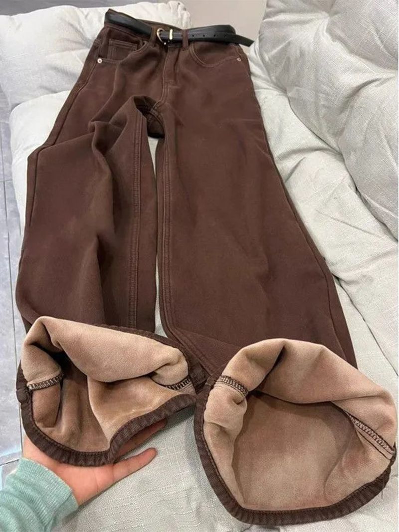 Jeans a vita alta a zampa da donna - Comodi e foderati in pile, gamba larga, elasticizzati e comodi - Marrone Maillard (S, M, L, XL)_voghion.com