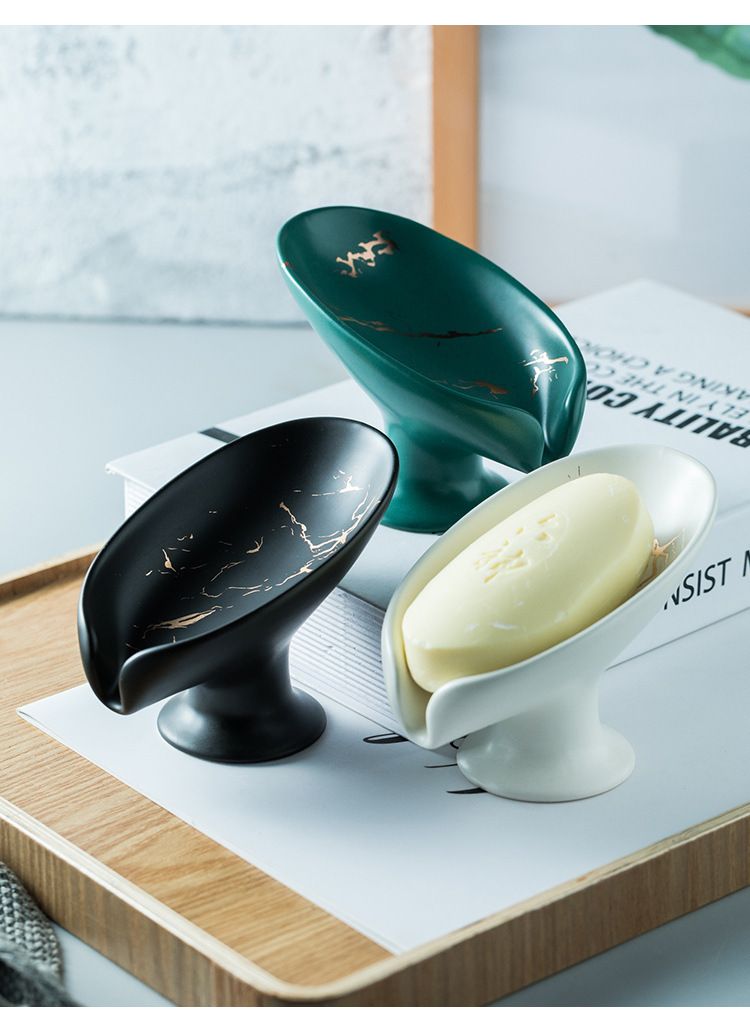 Ceramic Soap Dish With Drainage – Marble-Patterned Non-Slip Soap Tray – Elegant Matte Finish For Home & Hotel Bathrooms (Black/White/Green)_voghion.com
