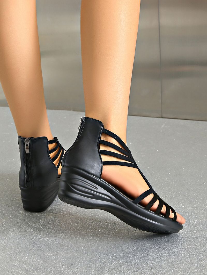 New Wedge Heel Thick Bottom Round Head Open Toe Solid Color Back Zipper Women's Plus-size Sandals_voghion.com