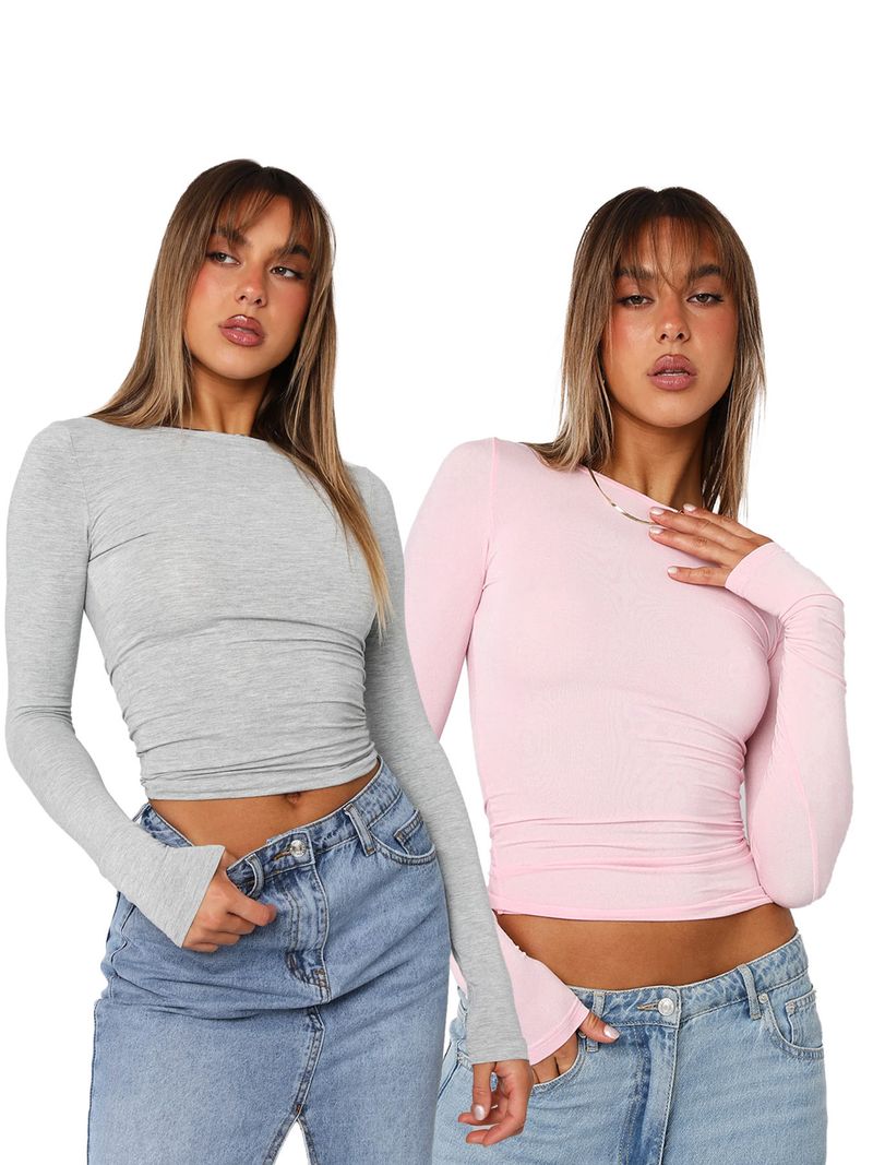 Women's Casual Long Sleeve T-Shirt Set – Slim Fit Round Neck Basic Tee (2-Pack) – Soft Polyester Spandex Blend For Everyday Comfort_voghion.com