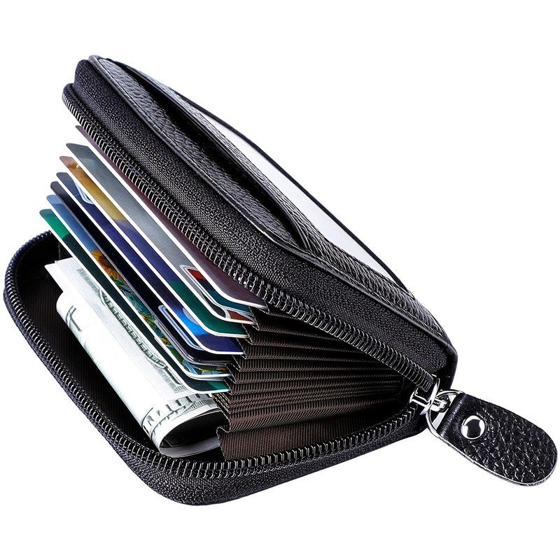 Suporte RFID genuíno com zíper para cartão de crédito de couro pequeno zíper em torno da carteira_voghion.com