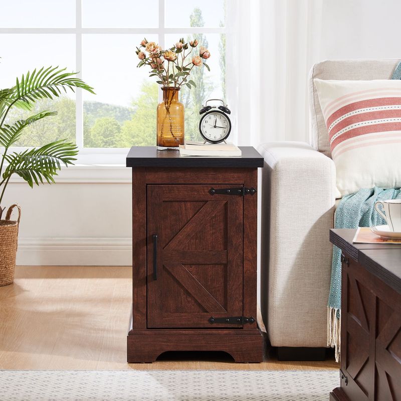 Farmhouse End Table Nightstand Rectangular Farmhouse End Table With Barn Door And Adjustable Storage Shelf, Rustic Sofa Side Table For Living Room, Bedroom_voghion.com