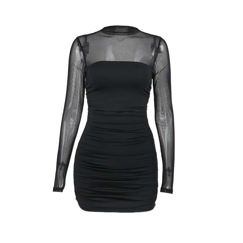 Nuovo abito aderente a maniche lunghe in stile sexy da donna, con collo alto, in rete patchwork, autunno 2025_voghion.com