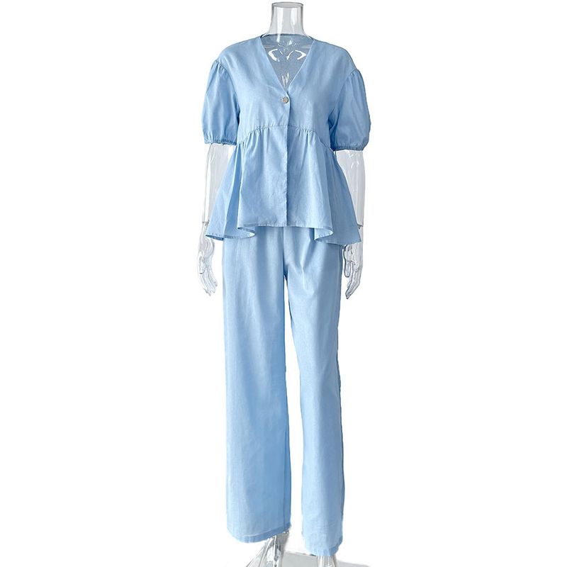 Ensemble 2 pièces pour femme, haut à col en V et pantalon à manches courtes, couleur unie, printemps et été_voghion.com