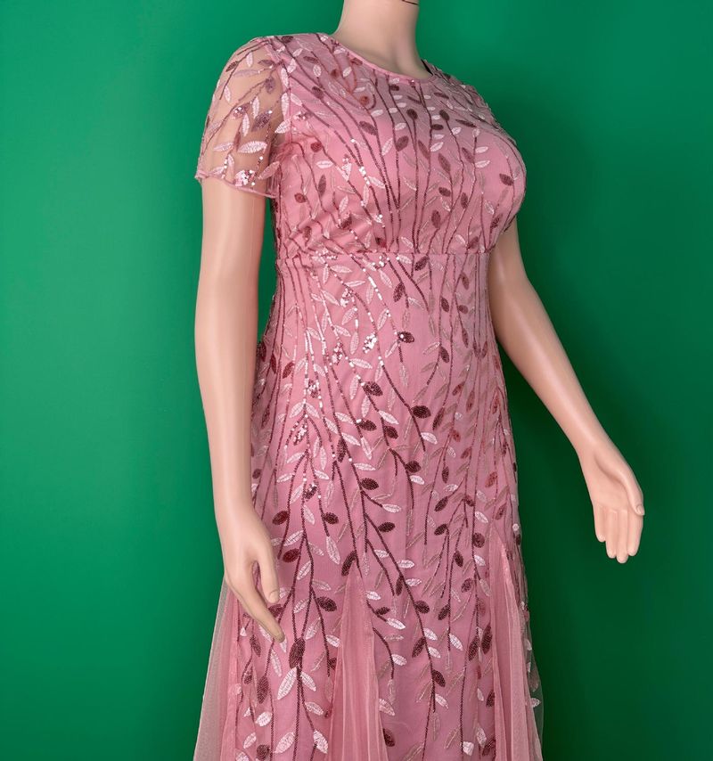 Elegante avondjurk in grote maten voor vrouwen - lange galajurk van mesh met kant en pailletten, bescheiden moslimfeestkleding (roze, 0XL-5XL)_voghion.com