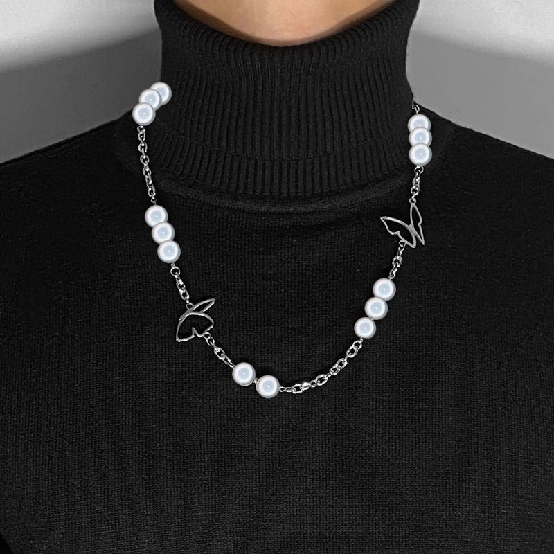Personlighed Simpel Sweater Halskæde Mænd Og Kvinder Kort Choker Reflekterende Perle Sommerfugl Halskæde_voghion.com
