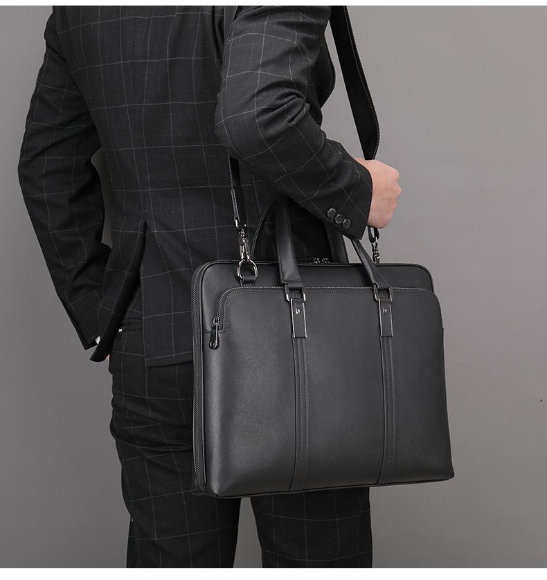 Cartella da uomo in vera pelle - Borsa per laptop business di alta qualità con trama a grana incrociata (borsa professionale per computer da ufficio e da viaggio per il lavoro)_voghion.com