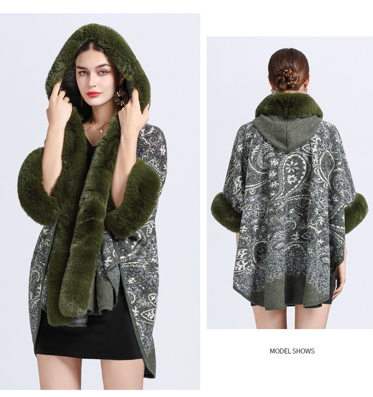 Cardigan in lana di grandi dimensioni con collo a scialle con cappuccio jacquard in pelliccia di coniglio rex di nuovo stile per donna_voghion.com