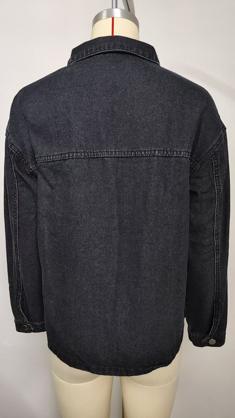 Giacca in denim vintage da donna - Cappotto oversize a maniche lunghe dalla vestibilità comoda con colletto classico, blu retrò e grigio nero_voghion.com