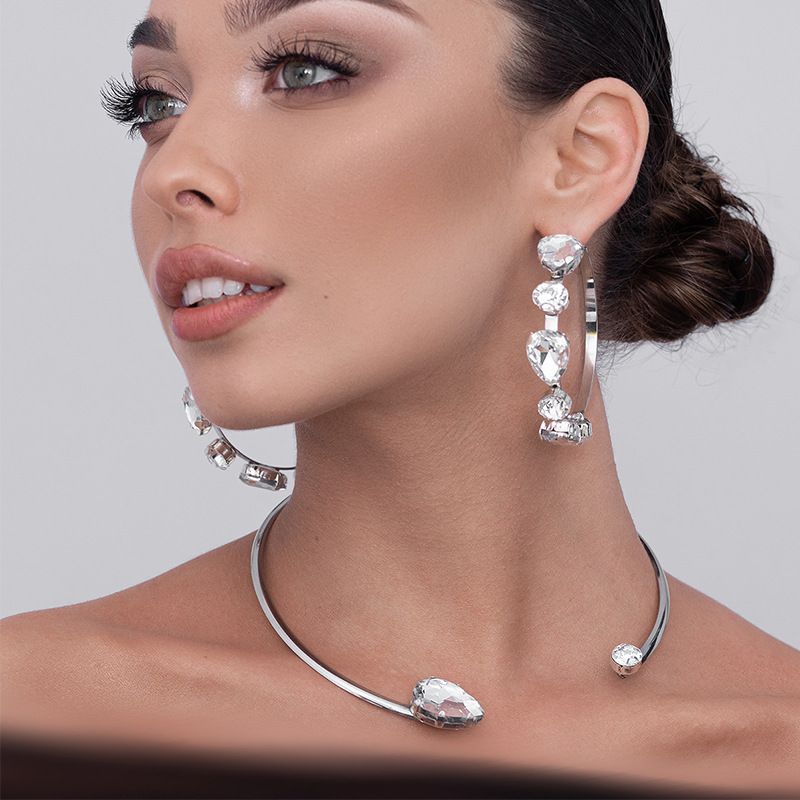Nuevos pendientes de corazón con diamantes de imitación, gargantilla sencilla con gotas de agua, accesorios de novia, conjunto de joyas_voghion.com