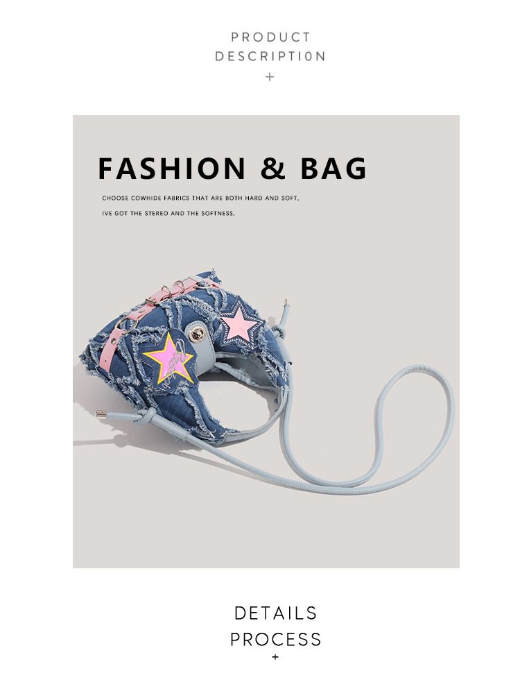 Borsa a tracolla in denim da donna Spice Girl Borsa a tracolla in denim con applicazione a pentacolo rosa con bordo grezzo_voghion.com