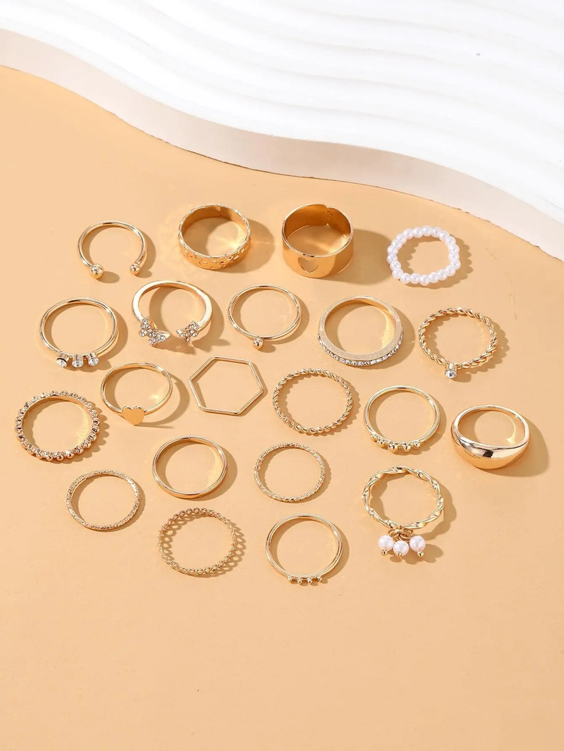 Ready Stock 23pcs/Set Vintage Heart Butterfly Rings Set For Women Fashion Gold Color Geometric Hollow Finger Ring Wedding Party_voghion.com
