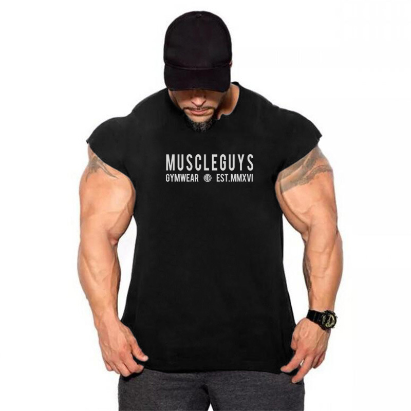 Ärmelloses T-Shirt für Herren, Bodybuilding, Sport-Tanktop mit Ärmeln, Herren-Lauf-Trainingsshirt aus reiner Baumwolle_voghion.com