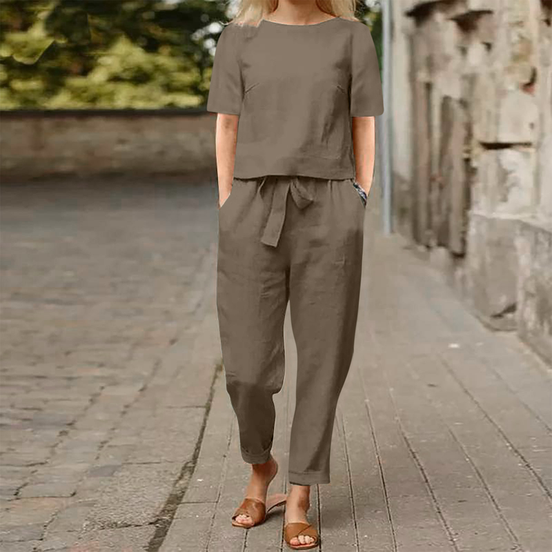 Sommeranzug aus Baumwolle und Leinen für Damen, halbärmeliges, übergroßes Überziehhemd mit O-Ausschnitt, Hosenset mit weitem Bein, Heimkleidung_voghion.com