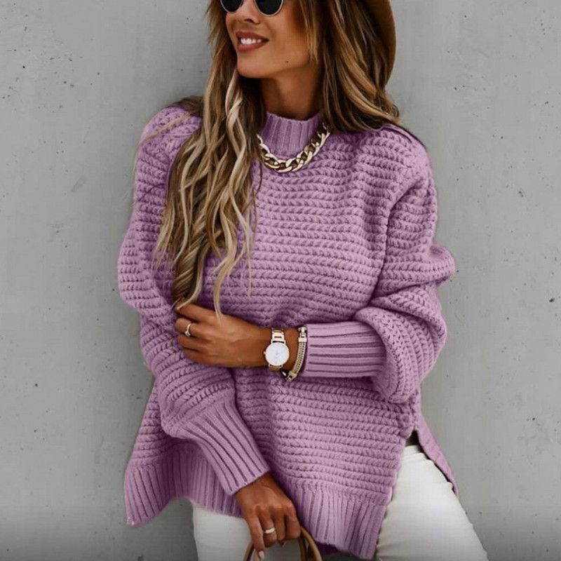 Damenbekleidung, gedrehter Faden, lockerer, halbhoher Kragen, dicker Retro-Strickpullover aus Wolle, vorne kurz und hinten lang_voghion.com