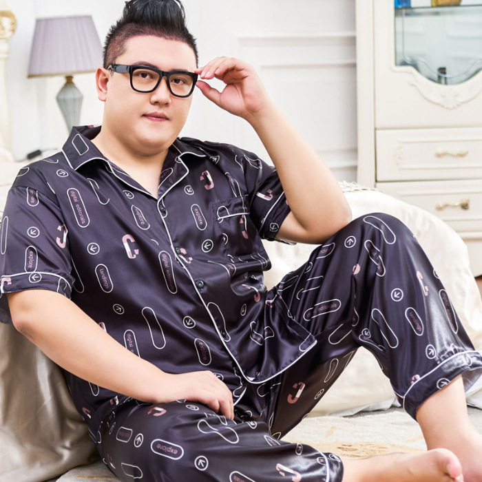 Fat guy plus fat extra large size 300 ice pajamas women's summer short sleeved pants 330 pounds silk home suit_voghion.com
