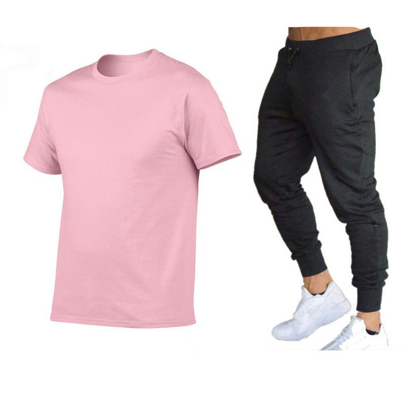 Vêtements d'été pour hommes, costume simple de couleur unie, T-shirt + pantalon en coton à col rond, ensemble deux pièces à la mode et polyvalent_voghion.com