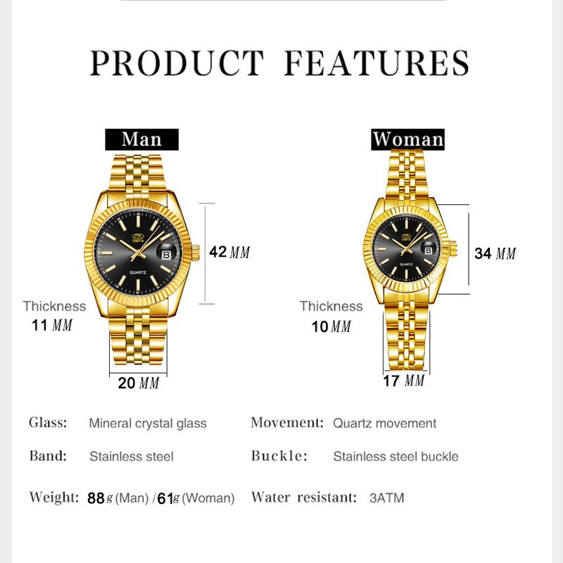 Unisex vandtætte parure Kalender Display Quartz Movement Rustfrit Stål Sports Ur Sæt_voghion.com