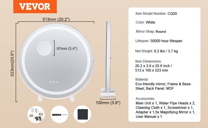 VEVOR 20' Vanity Mirror With Lights LED Makeup Round W/ Smart Touch For Bedroom_voghion.com