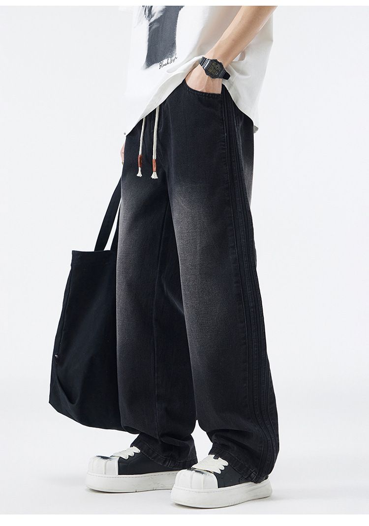 Jeans classici con banda laterale da uomo - Pantaloni invernali lavati a gamba dritta con fodera in pile (denim di cotone a gamba larga retrò)_voghion.com