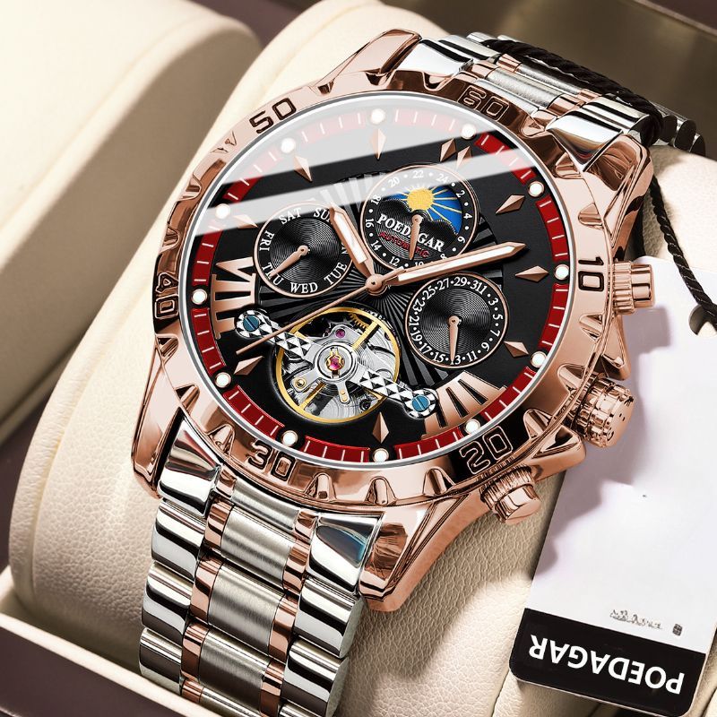 Herren Automatik Nical Uhr Hohl Tourbillon Wasserdicht Leuchtend Datum Woche Edelstahl Herrenuhren_voghion.com