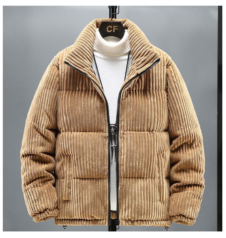Piumino in velluto a coste da uomo - Cappotto invernale ampio e spesso con collo alto, stile streetwear retrò (M-5XL, cachi/nero/grigio scuro)_voghion.com