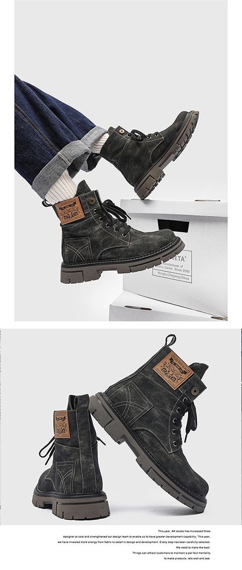Men’s Shoes version sweet retro style thick heel round toe front lace up men's mid tube denim boots_voghion.com