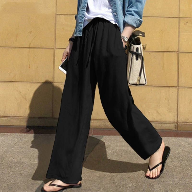 Pantaloni a gamba larga da donna, pantaloni di lino da donna alla moda a vita alta, pantaloni larghi casual in tinta unita all'ingrosso_voghion.com