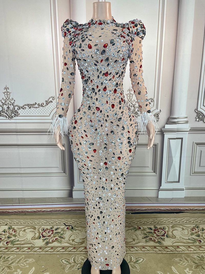 NOVANCE Stretch Mesh Maternity Photo Dress With Feather & Crystal Details – Elegant Empire Waist Gown For Pregnancy Photoshoot & Special Occasions_voghion.com
