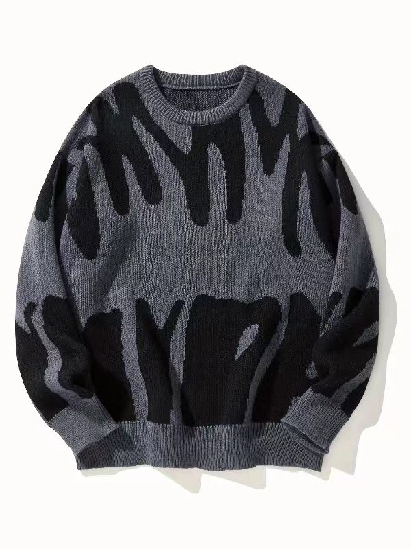 Elegante maglione in maglia jacquard da uomo - Pullover ampio a maniche lunghe con scollo rotondo per adolescenti e adulti (nero/bianco, grigio/nero, crema/marrone, blu/bianco)_voghion.com