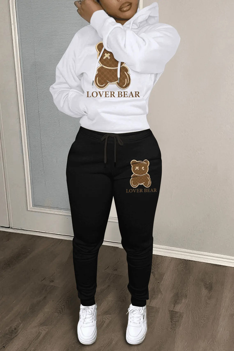 Set di pantaloni della tuta stampati con testa d'orso da donna con cappuccio_voghion.com