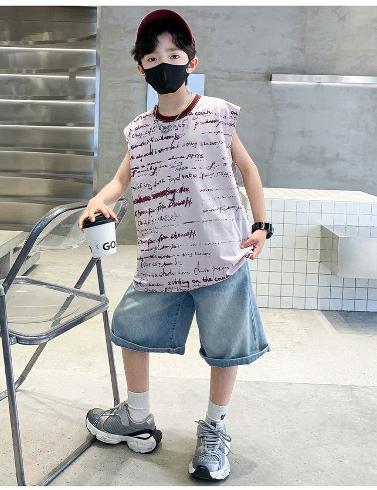 Roupas infantis para meninos, colete de verão com letras, terno para crianças de médio e grande porte, shorts jeans, terno de duas peças_voghion.com