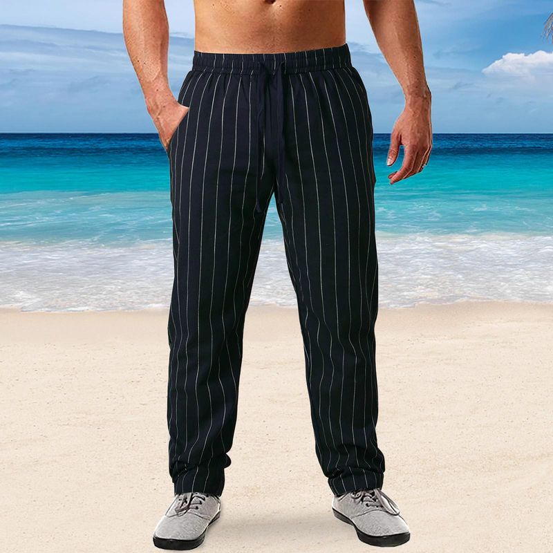 Nuovi pantaloni da uomo a righe verticali con coulisse elastica in vita in cotone e lino pantaloni casual da spiaggia_voghion.com