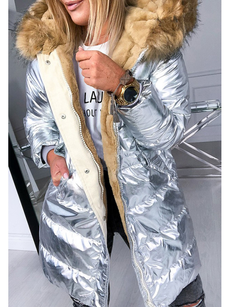 Women's Winter Casual Fashion Warm Women's Solid Color Glossy Zipper Fur Collar Coat Plus Size Coat_voghion.com