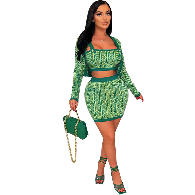 Damen-Langarm-Cardigan-Weste, Wickel-Hüftrock, bedrucktes dreiteiliges Set_voghion.com