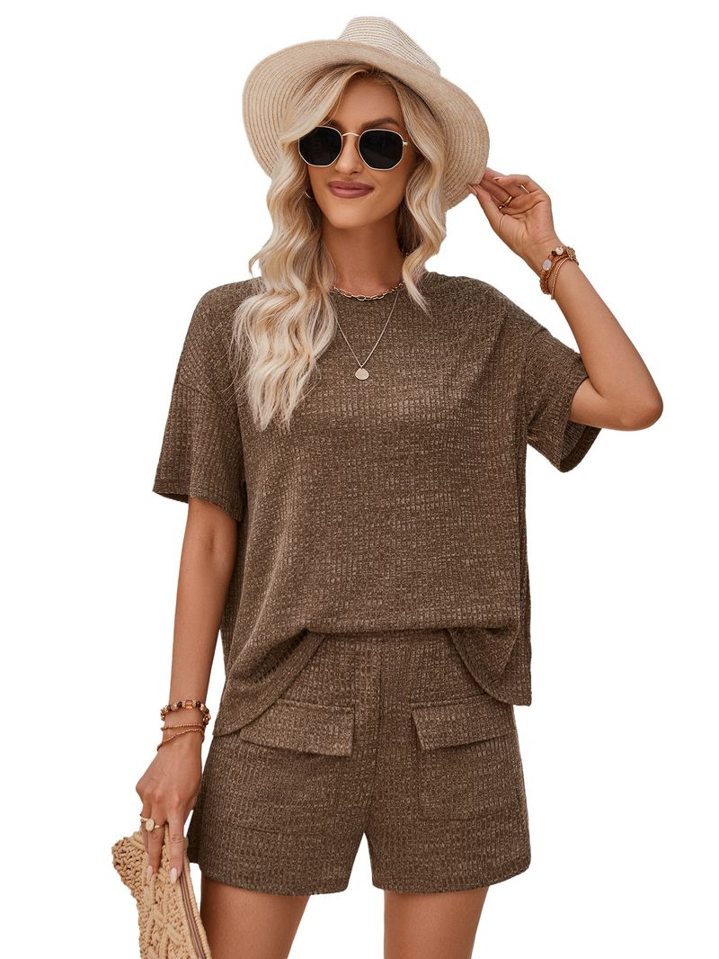 women's clothing casual style loose round neck solid color short-sleeved tops and shorts suits_voghion.com