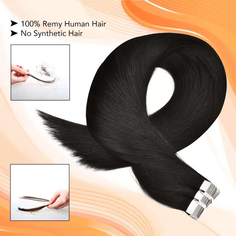 Extensiones de cabello humano con cinta adhesiva, color negro, Remy, trama de piel sin costuras, cinta invisible de doble cara_voghion.com