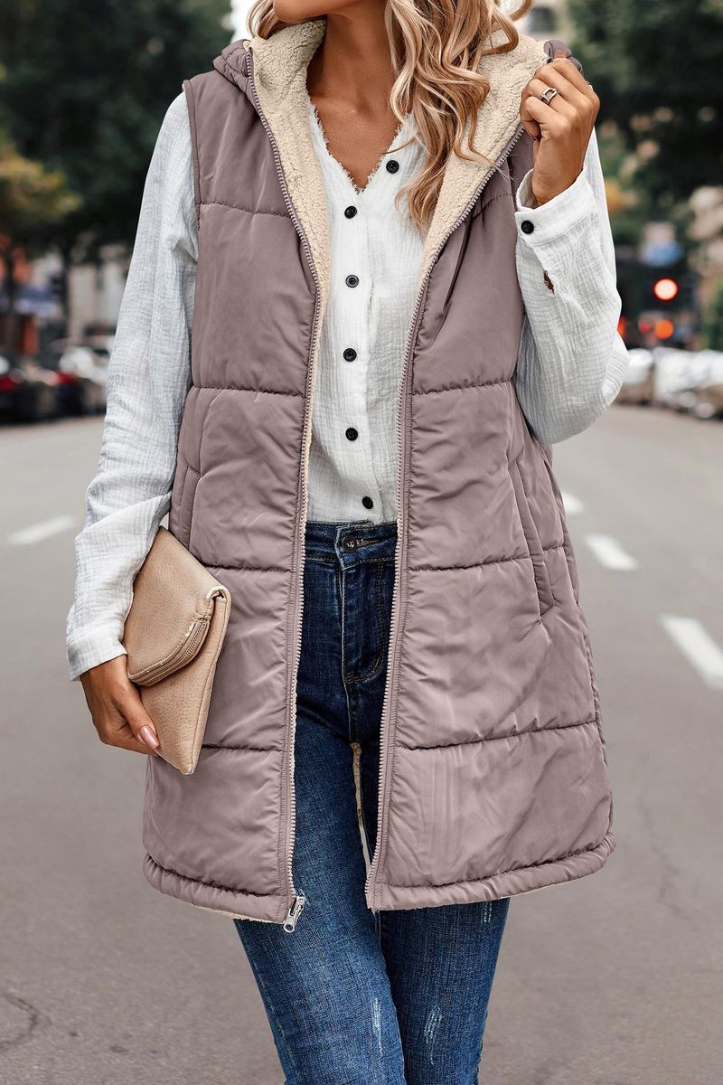 Colete de algodão com capuz de cor sólida 2023, casaco cardigan elegante e slim fit reversível_voghion.com
