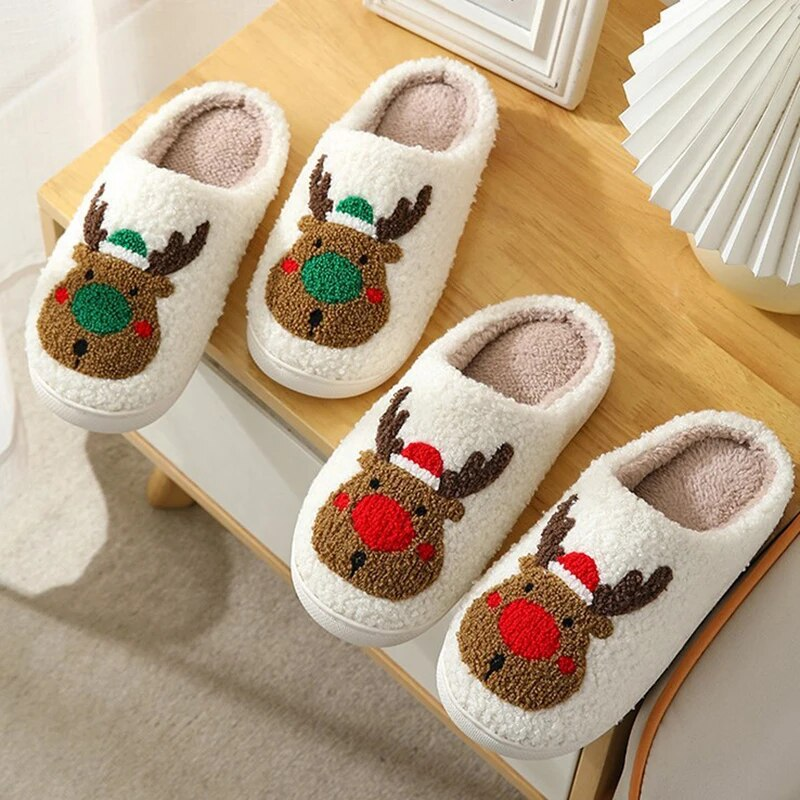 New Christmas Women Elk Cotton House Girl Fur Cute Cushion Slides Bedroom Ladies Men Plush Shoes Winter Slippers_voghion.com