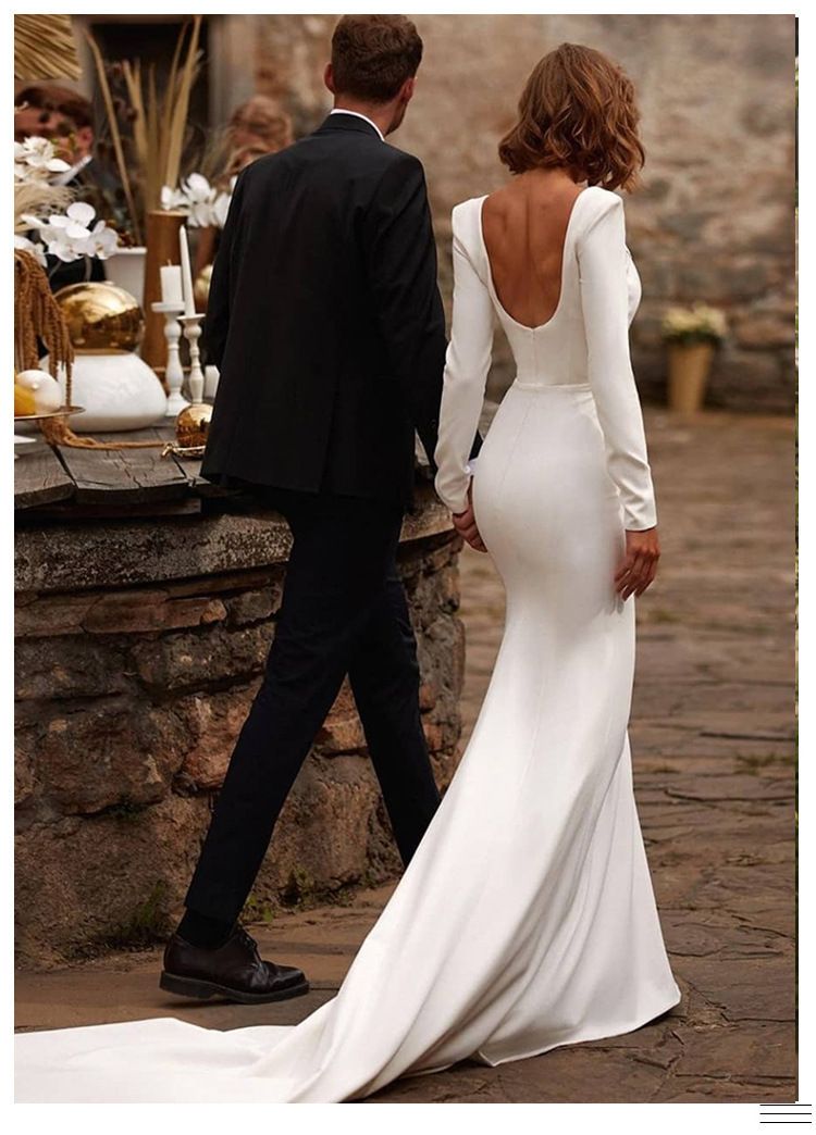 Abito da sposa francese senza tempo con scollo quadrato – Abito a sirena in raso aderente con maniche lunghe e vita alta (avorio, taglie 2-26W, poliestere di lusso)_voghion.com