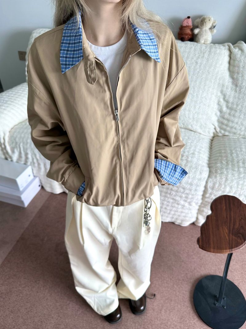 Men's Clothing Men's Vintage-Inspired Checkered Cleanfit Jacket - Casual Two-Tone Layered Look With Stand Collar & Zip Front (Khaki/Navy)_voghion.com