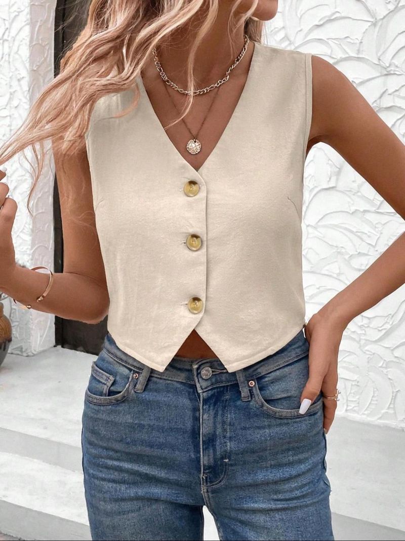 Nieuwe Europese en Amerikaanse 2025 zomer losse mouwloze effen kleur casual vest knoop jas_voghion.com